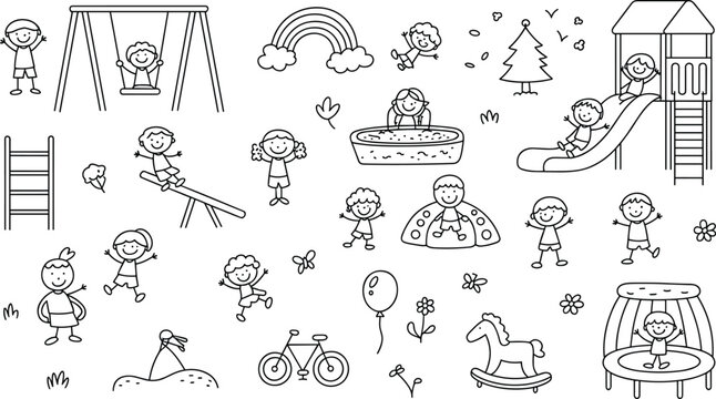 Collection of hand drawn stick figure children playing in the playground with slide swing and toys isolated on white background vector illustration