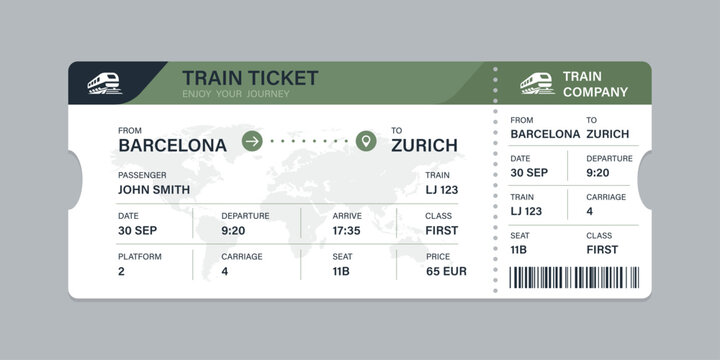 Vector flat train ticket template with passenger information and trip.