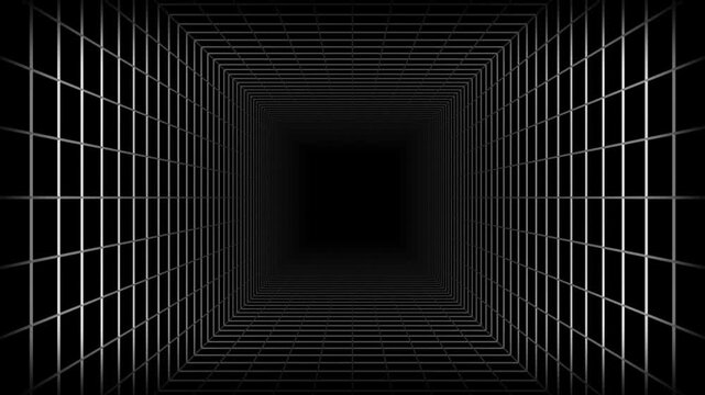 Infinitely moving forward in wireframe grid tunnel seamless loop. Black and white futuristic 3D corridor mesh video background.