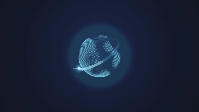 Abstract globe animation with sphere made of particles and rotating line on dark blue background.