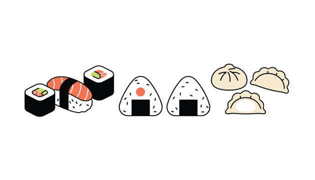 Selection of classic japanese foods including sushi maki rolls, onigiri rice balls, and steamed gyoza dumplings.