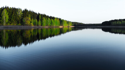Fototapeta premium Calm landscape scenery, lake with tree forest on the coast