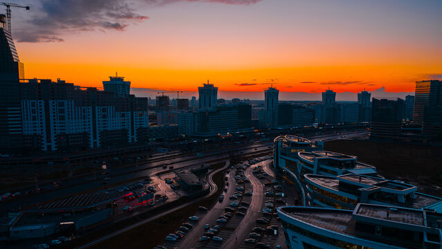 Sunset sky over Minsk city in Belarus