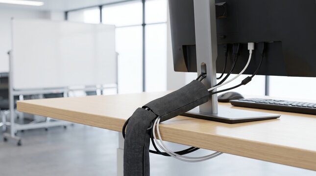 Under desk cable management tray with power strip for an organized workstation, safe device charging and efficient office setup.