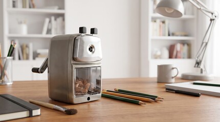Fototapeta premium Electric pencil sharpener on a study desk for schoolwork, office writing, creative projects and organized stationery use.