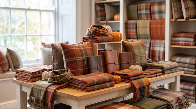 Plaid scarves displayed in an autumn boutique, cozy seasonal accessories, fall fashion collection, retail shopping and gift inspiration.