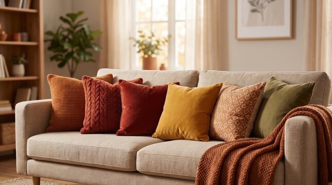 Autumn colored cushions arranged on a cozy sofa, seasonal home decor, comfortable living room styling and relaxing fall lifestyle.