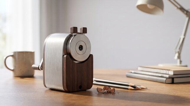 Electric pencil sharpener on a study desk for schoolwork, office writing, creative projects and organized stationery use.