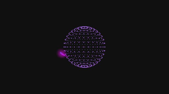 Purple digital sphere spinning with glowing light trail orbiting around globe on black background.