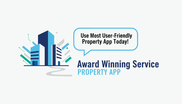 Corporate business poster advertising a user-friendly property app with modern city skyscraper graphics.