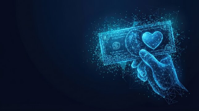 Digital illustration of a glowing hand holding a dollar bill with a heart shape, futuristic lighting, dark background, abstract tech elements. Perfect for financial, love, or tech concepts.