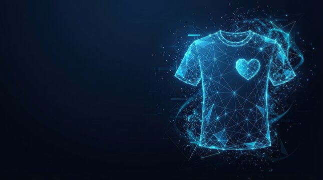 Digital illustration of a glowing blue heart T-shirt with wireframe effect, dark background, futuristic lighting, abstract design for fashion or tech marketing use.