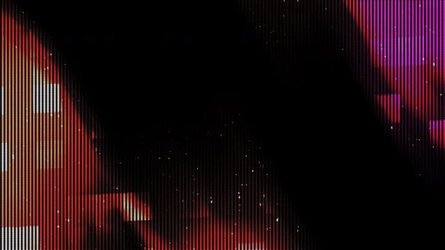 Abstract digital glitch background with vibrant neon scanlines. Futuristic geometric pixel shapes framing a dark empty copy space. Retro cyberpunk motion graphic loop featuring glowing dust particles