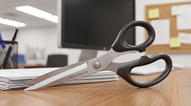 Office scissors on a clean desk for paperwork, document preparation, stationery organization and professional office work.