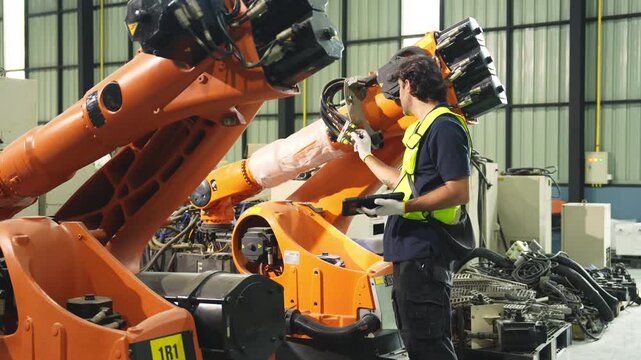 Industrial engineer inspecting a robotic arm machine in an automated manufacturing factory, robotics, automation, smart manufacturing, machine maintenance, quality control and Industry 4.0 technology.