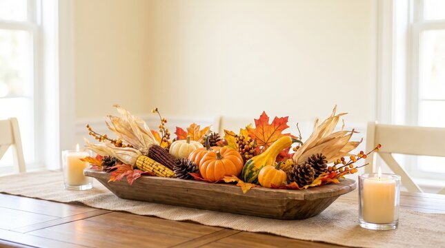 Autumn table centerpiece with pumpkins and candles for Thanksgiving dining, seasonal family gatherings and cozy home decoration.
