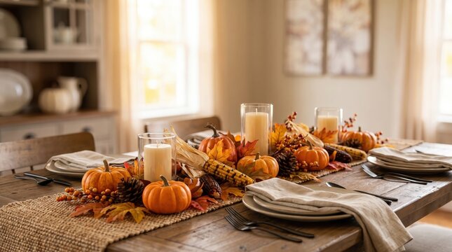Autumn table centerpiece with pumpkins and candles for Thanksgiving dining, seasonal family gatherings and cozy home decoration.