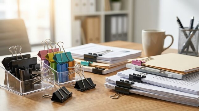 Organized office files with stationery and paperwork on a professional desk for administration, document management and business workflow.