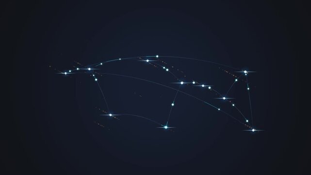 Digital network nodes connected by lines forming abstract constellation structure on dark background.