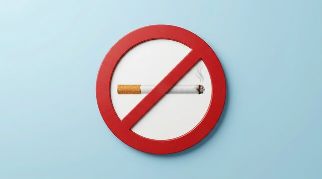 Prohibition sign with red circle and diagonal slash over lit cigarette emitting smoke showing no smoking rule on clean blue background for health safety concept.