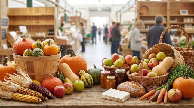 Autumn farmers market with fresh local produce for seasonal grocery shopping, healthy family meals, harvest cooking and community retail.