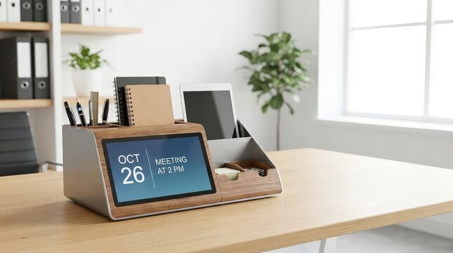 Wooden desktop calendar showing October fourteenth in a modern office, daily scheduling, appointment planning and business time management.