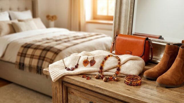 Autumn jewelry and accessories arranged on a wooden dressing table, seasonal fashion styling, boutique display and personal wardrobe inspiration.