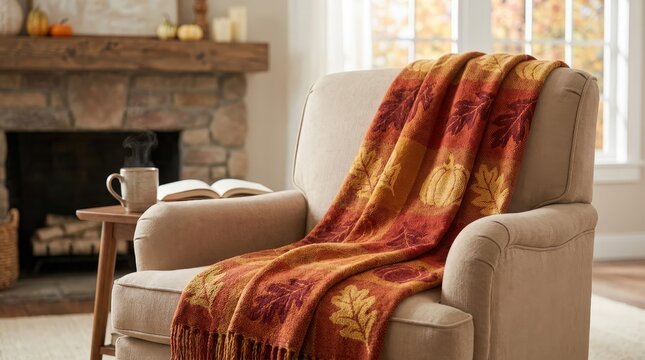 Plaid autumn blanket draped over a cozy armchair, seasonal home comfort, warm living room decor and relaxing fall lifestyle.