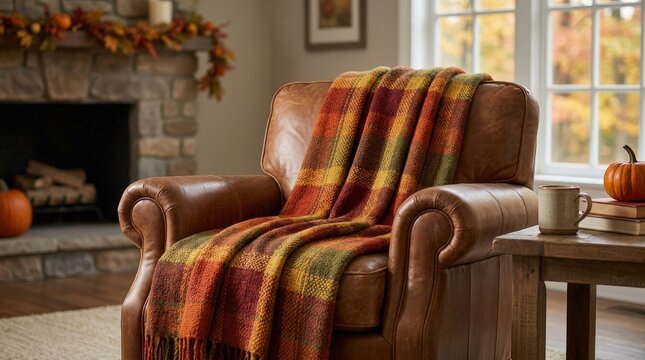 Plaid autumn blanket draped over a cozy armchair, seasonal home comfort, warm living room decor and relaxing fall lifestyle.