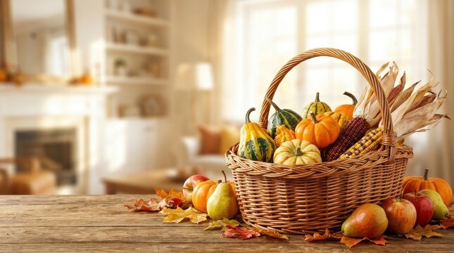 Basket of miniature pumpkins on a rustic table for autumn decorating, Thanksgiving centerpiece, harvest celebration and cozy home styling.