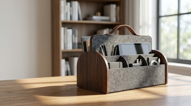 Portable office organizer bag holding stationery and mobile devices, efficient remote work setup, business travel and workspace organization.