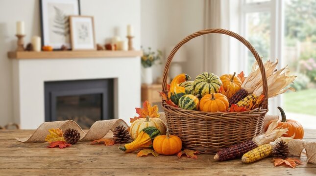 Basket of miniature pumpkins on a rustic table for autumn decorating, Thanksgiving centerpiece, harvest celebration and cozy home styling.