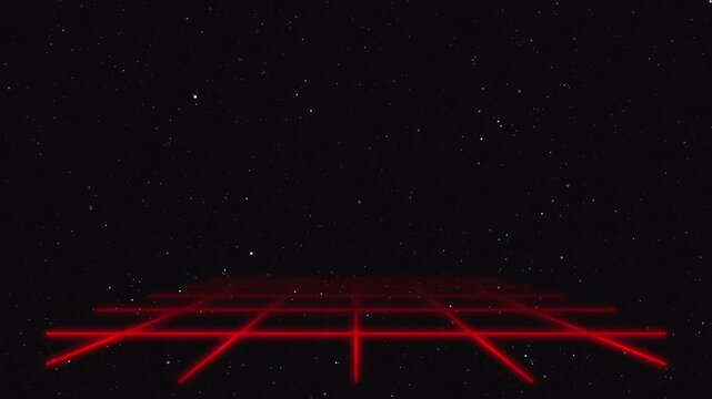 Flying forward over floating red neon grid in starry space seamless loop. Futuristic 80s synthwave cosmic background.
