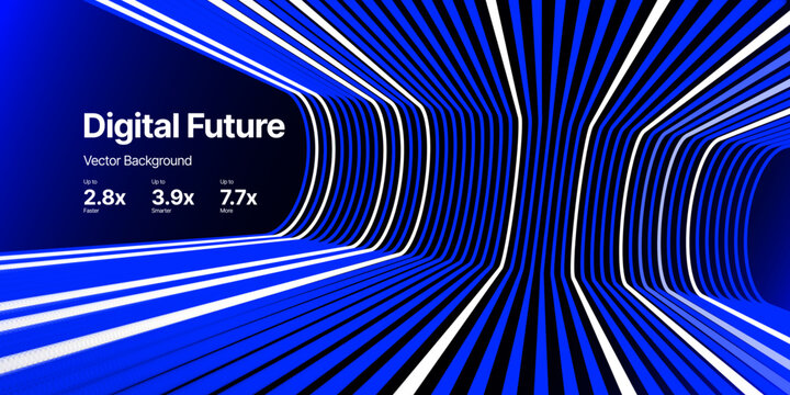 Abstract futuristic tunnel with blue and white flowing lines. Curved geometry and spatial perspective represent future technology, digital future, motion, depth, and innovation