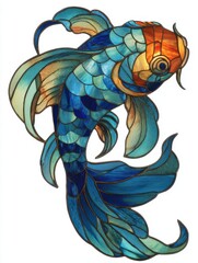 Fototapeta premium Stained Glass Blue And Orange Koi Fish With Intricate Mosaic Scales On Isolated White Background
