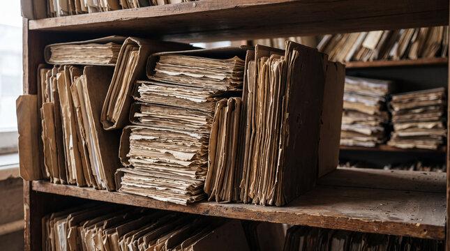 A dusty archive shelf filled with stacked yellowed documents, old files, and historical paperwork in a record storage room.