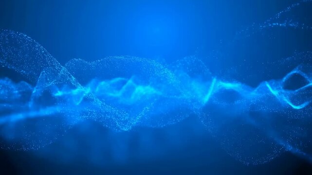 Blue glowing particle waves flow and pulse across a dark blue gradient background. Abstract backdrop shaped by flowing motion, energy flow and digital wave.