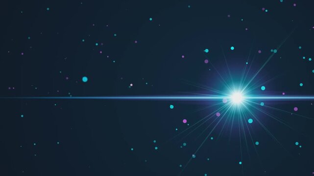 Glowing light star burst with colorful floating particles moving in dark blue space motion background.