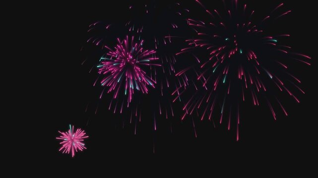 Vibrant pink and purple firework explosions illuminating night sky during festive celebration display.