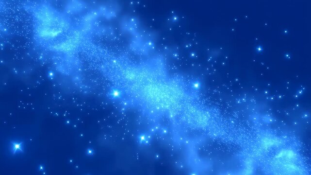 Glowing blue star field with twinkling particles drifting slowly across a dark blue gradient background. Abstract backdrop shaped by twinkling, space and stars.