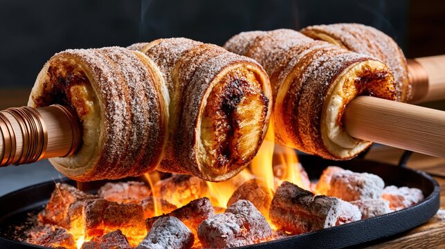 Trdelnik chimney cakes rotating over glowing coals dusted with cinnamon sugar