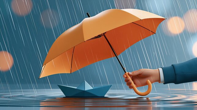 Hand holding orange umbrella over blue paper boat floating in rain puddle