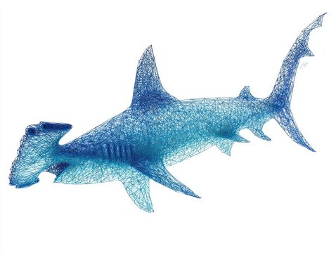 Stippling Style Hammerhead Shark Silhouette In Shades Of Blue On A Clean White Background