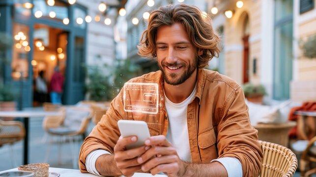 Young man using smartphone with holographic wallet interface at outdoor cafe