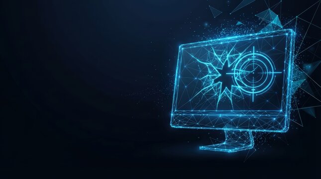 Modern computer monitor with network security icons on digital background