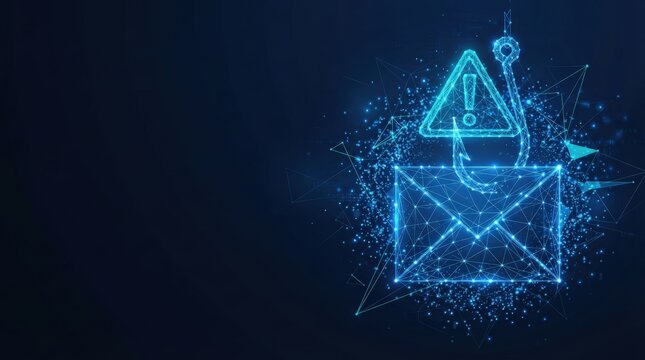 Abstract digital illustration of an envelope with exclamation mark icon, glowing blue lines, dark background, futuristic tech mood. Ideal for alerts, notifications, or security themes.