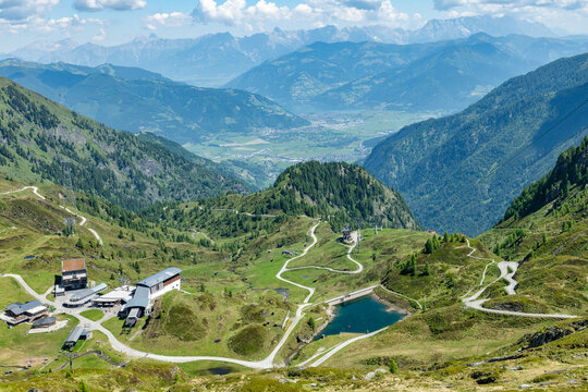 Kaprun Kitzsteinhorn ski resort in Austria in the summer overlooking lake Zell and the town of Kaprun