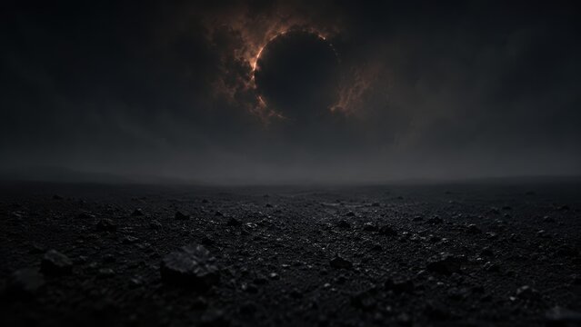 Dramatic total solar eclipse glowing over dark volcanic stone desert landscape under stormy skies