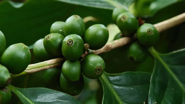 Green Coffee Cherries Growing on Coffee Plant