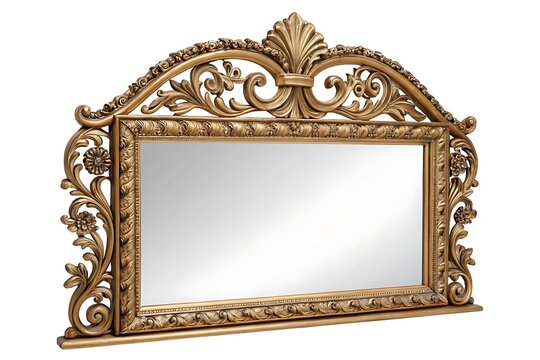 Antique gold decorative mirror with ornate frame on white background